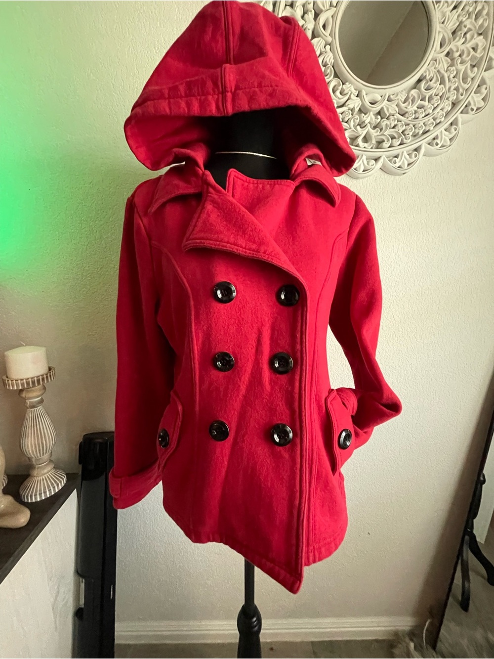 Sebby Red Hooded Double-Breasted Peacoat